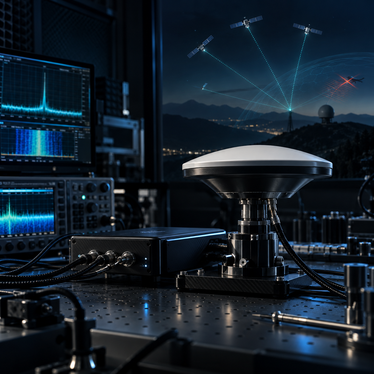 Professional GNSS receiver and RF signal analysis equipment in an engineering laboratory